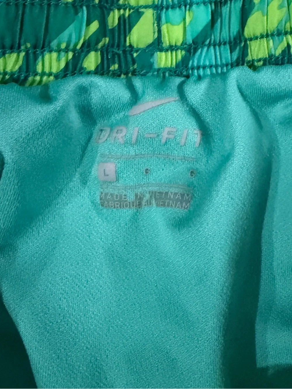 Nike Girls Neon Yellow-Trim Green & Teal Pattern Athletic Shorts - size L